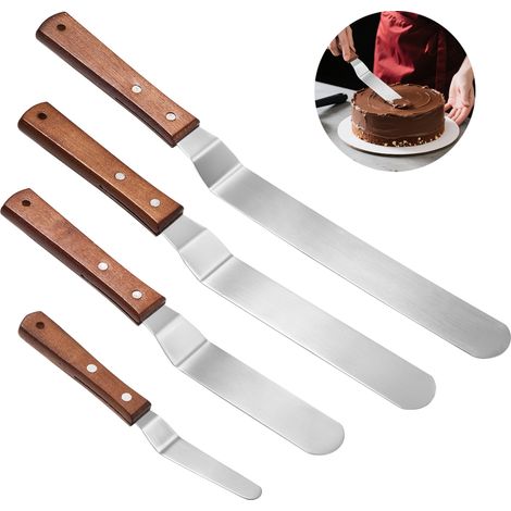 4PCS Spatule Coudée Pâtisserie, Spatule Inox Cuisine avec Manche en Bois Idéale pour Gâteaux, Crêpes, Lissage et Décoration (1/5)