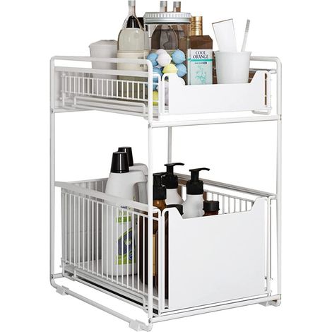 Hofuton Tiroir de rangement à 2 étages sous évier pour cuisine et salle de bain, panier de rangement coulissant en métal, pour la maison et le bureau, revêtement blanc (1/5)
