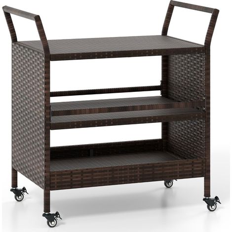 Carrito de bar para exteriores de 3 niveles con ruedas y asas bloqueables