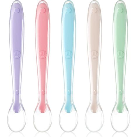 Cuillère pour Bébé,5PCS Cuillere Bebe Silicone,Ensemble de Couverts pour Encourager Votre Bébé à Manger de Manière Indépendante,Sans BPA Bout arrondi (1/5)