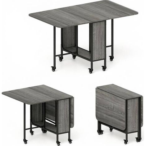 Table à manger pliante grise avec roulettes et table extensible, avec espace de rangement (1/5)
