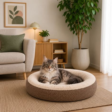 belviona Katzenbett rund, Katzenkorb in Doughnut-Form, abnehmbarer Bezug, waschbar & rutschfest, 65 cm Durchmesser, braun (1/5)