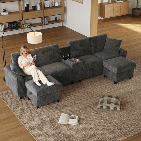 Sofá salón U con carga y almacenaje gris OKMYHOME (1/5)