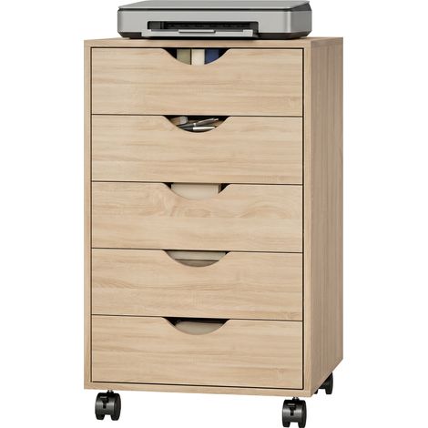 Caisson bureau mobile, meuble rangement sur roulettes avec 5 tiroirs, bois, 40 x 40 x 67 cm, chêne (1/5)