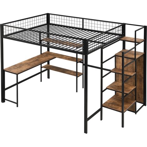 CAIziLit mezzanine 140200 cm, lit en fer, bureau en dessous, plusieurs étagères, armoire intégrée, noir (1/5)