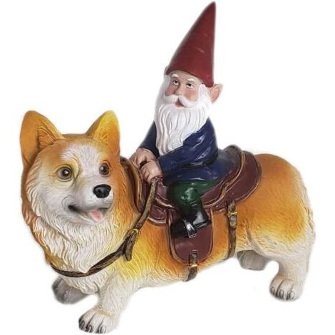 Pair Lntyq Statue de nain de jardin Funny Guy Mugs - Nain chevauchant un Corgi - Sculpture de nain de jardin intérieur/extérieur pour patio, cour ou pelouse (1/5)