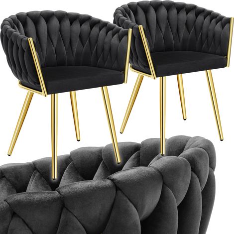 Lot 2 chaises de salle à manger en velours design noué noir/or