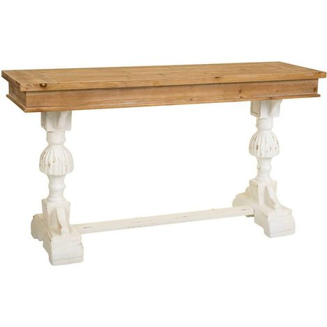 console bois sculpté deux tons charme campagne salon - bois naturel et blanc patiné (1/5)