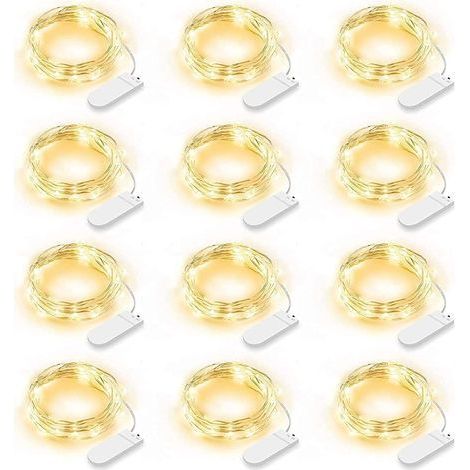 Lot de 12 Guirlande Lumineuse LED, Guirlande Lumineuse à Piles 2m 20 LEDs Fée Chaîne Lumières Guirlande IP65 Étanche LED Déco pour Chambre Noël Mariage Fête Jardin, Blanc Chaud (Blanc Chaud) (1/5)