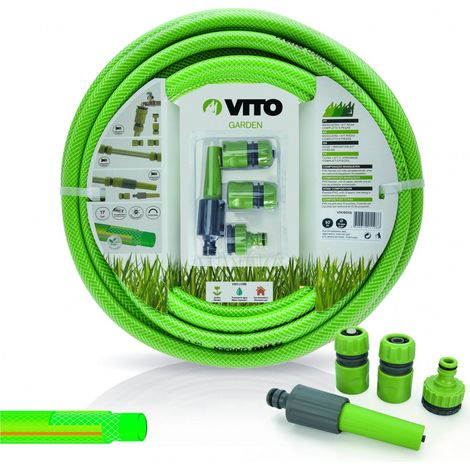 Tuyau d'arrosage 15mm 10 m KIT PVC lance multi jet + 2 raccords + nez de robinet VITO