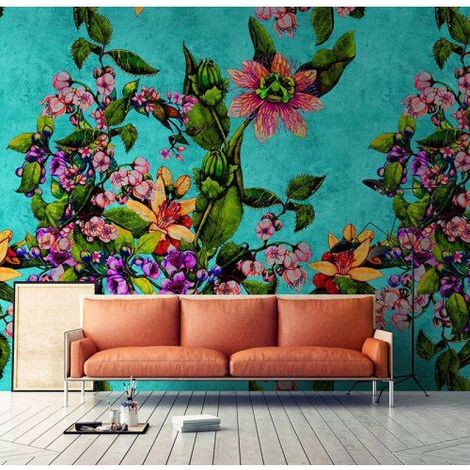 Papier peint panoramique floral pour salon zen Tapisserie panoramique bleu turqoise et vert Papier peint panoramique tendance nature idéal bureau (1/3)