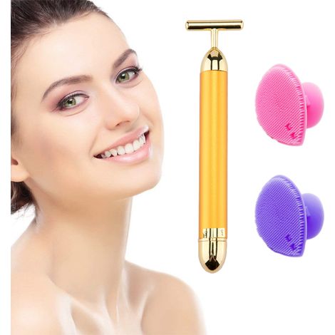 Barre De Massage Faciale Électrique En Forme De T - Vibration Sonique Et Plaqué Or 24K - Pour Le Visage Le Cou Et Les Yeux - Appareil Anti-Âge Impermeable (1/5)
