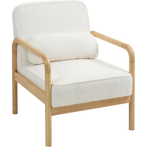 Fauteuil de salon avec accoudoirs, pieds en bois, assise large et épaisse, fauteuil inclinable/de lecture avec coussins décoratifs, aspect bouclé, fauteuil rembourré pour chambre, blanc (1/5)