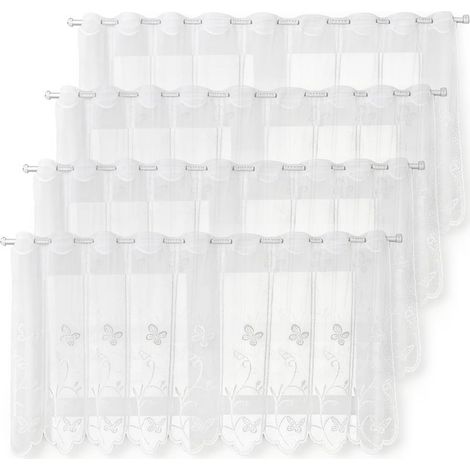 GDHZS- 4 Pièces Rideau Brise-Bise,130x45cm Blanc Dentelle Rideaux Courts avec Broderie Florale,Semi-Transparents Rideaux Cuisine,Moderne Brise Bise Voilage (1/5)