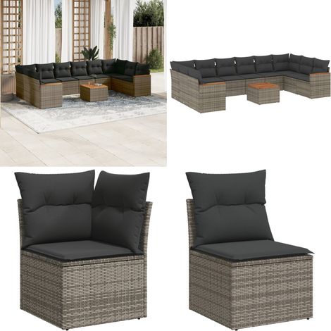 11-tlg. Garten-Sofagarnitur mit Kissen Grau Poly Rattan - Gartenmöbel Set - PE-Rattan Gartenmöbel - Outdoor Lounge - Esstisch - Sofasatz - Home & Living (1/5)