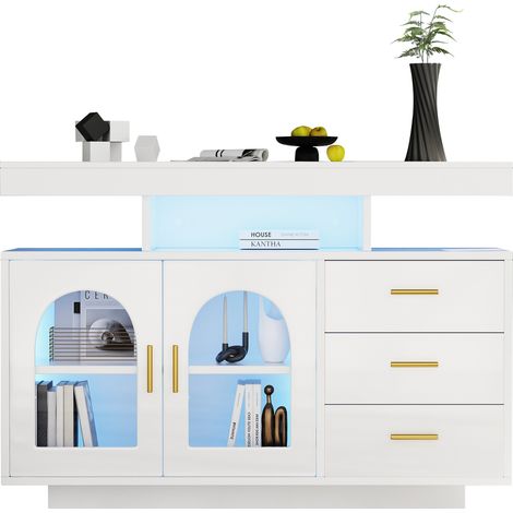 Buffet LED blanc 120 cm avec 3 tiroirs, rangement fermé et portes acryliques, surface brillante et commande app pour salon ou salle à manger  CHICFURN (1/5)