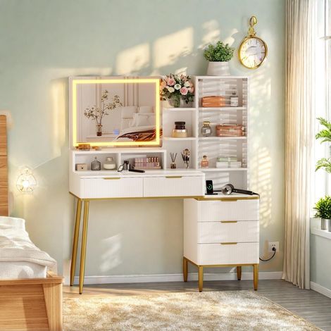 Coiffeuse Moderne avec Miroir LED et Prise - Table de Maquillage Blanche avec 5 Tiroirs - 120 x 40 x 136 cm (1/5)