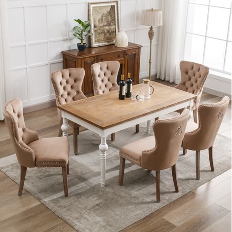 Lot 6 chaises repas 64x53,5x95 cm en velours café clair, pieds réglables, stables – MEUBLIV (1/5)
