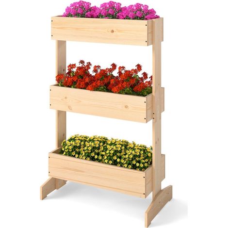 Potager surélevé naturel en bois de pin à 3 niveaux avec 3 bacs séparés et design vertical pour jardin balcon et terrasse
