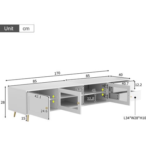 Meuble TV bas moderne avec 2 tiroirs, 2 portes vitrées et 1 porte d'armoire, meuble TV offrant un grand espace de rangement, étagères réglables et poignées en métal, blanc, 170 × 40 × 28 cm (1/4)
