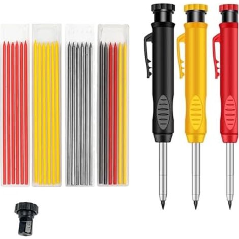 Lot de 5 crayons de charpentier solides - Mines polyvalentes - Marqueur à trous profonds - Avec taille-crayon intégré - Pour le travail du bois, les chantiers de construction - Avec étui