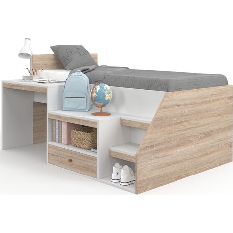 Lit combiné avec sommier, bureau et rangement LEOPOLD 90 x 190 cm hêtre et blanc