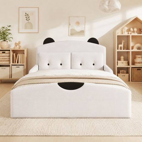 Etagenbett 140/200 cm en blanc avec tête de lit ourson et 2 coussins décoratifs (1/5)