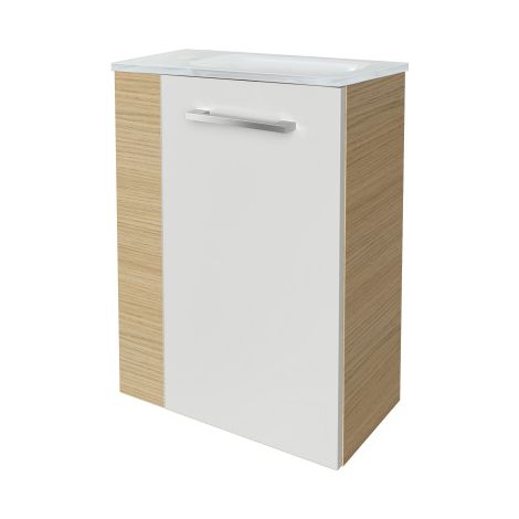 Fackelmann B. STYLE SBC Gäste-WC Set 2 Teile – Waschtischunterschrank in Weiß mit Holz Braun mit Waschbecken aus Glas in Weiß  – Waschbeckenunterschrank schmal – Türanschlag rechts – 45 cm breit"-"901 (1/5)