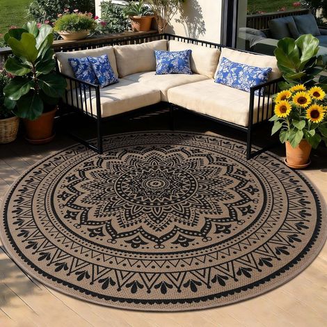 Tapis rond 120 cm, aspect jute, tapis de salon, extérieur, lavable, style bohème, marron, pour chambre, balcon, terrasse (1/5)