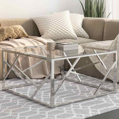 vidaXL Table basse argenté acier inoxydable et verre trempé (1/5)