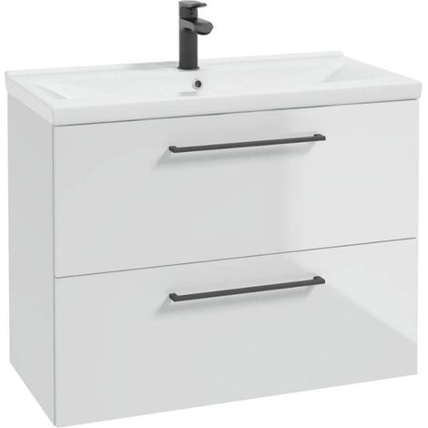 Meuble de Salle de Bain avec Lavabo - 80x40 cm - Blanc Brillant - 2 Tiroirs Spacieux - Poignées Noires