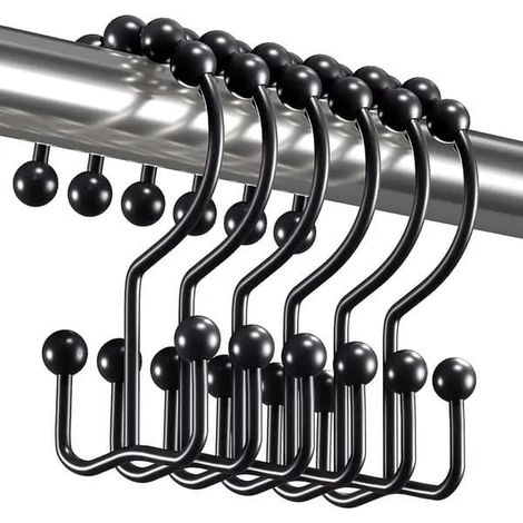 Crochets de rideau de douche doubles en acier inoxydable avec roulettes, noir mat, lot de 12 (1/5)