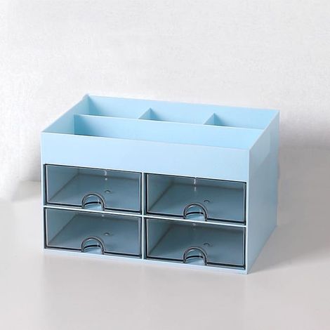 Boîte De Rangement Visage Tiroir Transparent Étudiant Papeterie Organisateur Rack Boîte De Rangement De Maquillage, Bleu