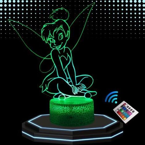 Lampe de Chevet 3D LED Fée Clochette, Veilleuse Changement de Couleurs, Lampe Tactile Bureau et Chambre Enfant, Idée Cadeau Deco (1/4)