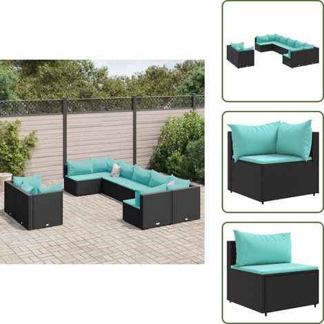Canapé en résine - vidaXL Salon de jardin 9 pcs avec coussins noir résine tressée - Canapé noir (1/5)
