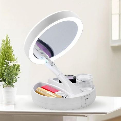 Miroir de Maquillage avec lumière LED Miroir de courtoisie Miroir grossissant 1/10X Miroir cosmétique Double Face Miroir Pliable et réglable pour Le Voyage Alimentation par Batterie et USB (1/5)