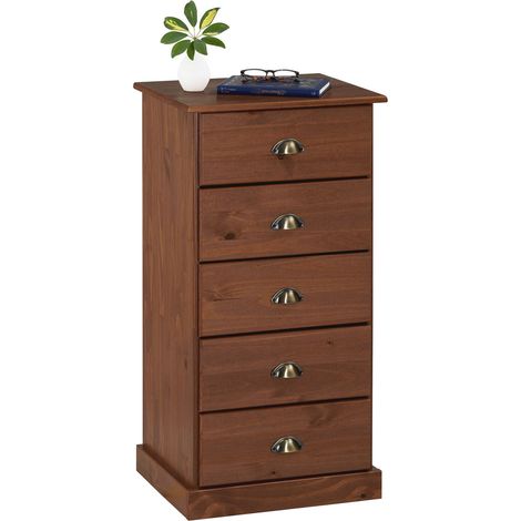 Idimex – Chiffonnier en pin massif lasuré brun foncé – 5 tiroirs avec poignées coquille – Dimensions monté 95 x 48 x 39 cm