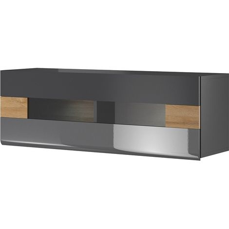 Hängendes horizontales Vitrinenschrank OHIO in Anthrazitgrau und Eiche.