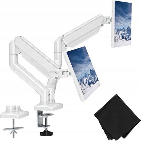 Soporte doble ajustable para monitores de escritorio, compatible con dos monitores de 13 a 32 pulgadas. (1/5)