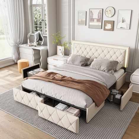 Lit adulte 160x200 avec sommier,Lit 2 personnes avec 4 tiroirs en maille métallique,Lit Coffre Rembourré avec Éclairage LED RGB intégré,Tête de lit réglable,Sommier à lattes,PU Beige (1/5)