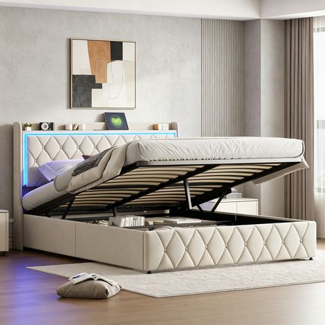 Lit double 160×200cm,avec lumière LED, lit capitonné avec ports USB et Type-C, lit coffre avec rangement sous le lit,Sommier à lattes,lit adulte,Velours, Beige