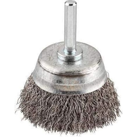 Brosse boisseau en fils d'acier rapide ondulés, grain gros diamètre de 50 mm adaptée au métal et à la pierre compatible avec les perceuses électriques équipée d'une tige hexagonale. (1/3)