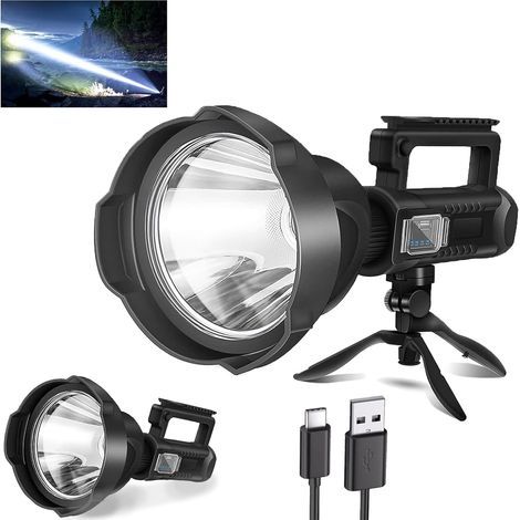 Projecteur rechargeable de 3 000 000 L à haute luminosité, lampe de poche LED super lumineuse puissante longue portée avec 4 modes, trépied, USB C, étanchéité IPX5 pour la pêche, le bateau, le camping (1/5)