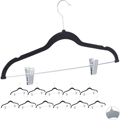 Relaxdays Velvet Coat Hangers with Clamps, Set of 12, 360° Swivel Hooks, Trouser Rail, 43 cm, Black