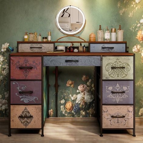 Vintage Friseurtisch - 121x40x91,2 cm - 9 Schubladen - Metall und MDF - Modern und elegant
