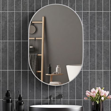 Specchio Bagno Ovale da Parete con Cornice in Alluminio, Verticale o Orizzontale, 60x90 cm, Argento (1/5)