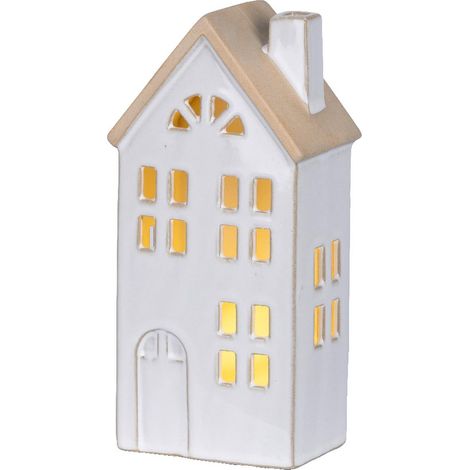 Lumineo Batterie LED Häuschen Weiß halbrundes Fenster 10 x 20,5 cm Prozellan - warmweiß