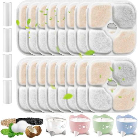 16Pcs Filtres Fontaine à Eau pour Chat Compatibles avec Pixi Filtration Quadruple avec Charbon Actif, Résine et Tissu Non Tissé, 4 Tuyaux Inclus (1/5)