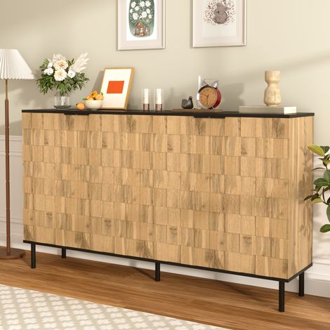 Madia credenza mosaico 160 cm – 4 ante con frontali testurizzati – Finitura legno naturale e nero – Piedini in metallo – Mobile contenitore per soggiorno e ingresso