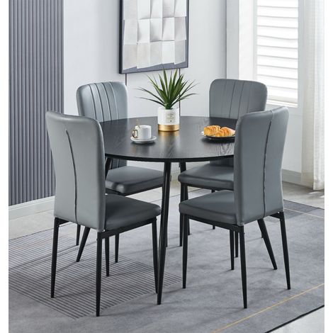 Hallowood Furniture Cullompton Black Wood Effect Dining Table and Chairs Set 4, 120cm Round Table and Chairs Set 4 in Light Grey Faux Leather Seats, Perfect for Home or Café (1/5)